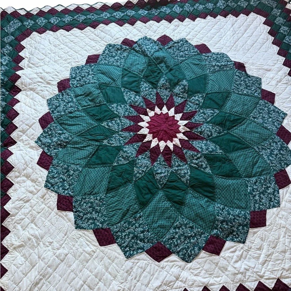 Beautiful Green and Burgundy Stitch Quilt 82x81